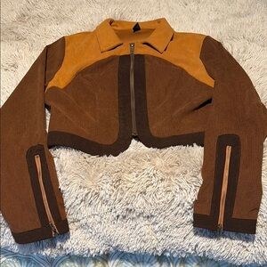 Cider Brown and Tan Bomber Jacket with Cropped Length and Full-Length Sleeves